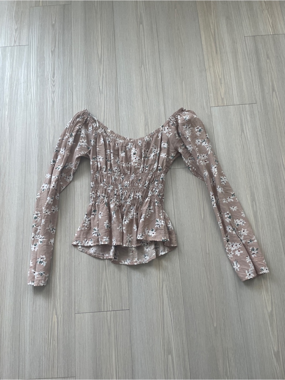 Smocked‎ Floral Peplum Blouse in Dusty Mauve